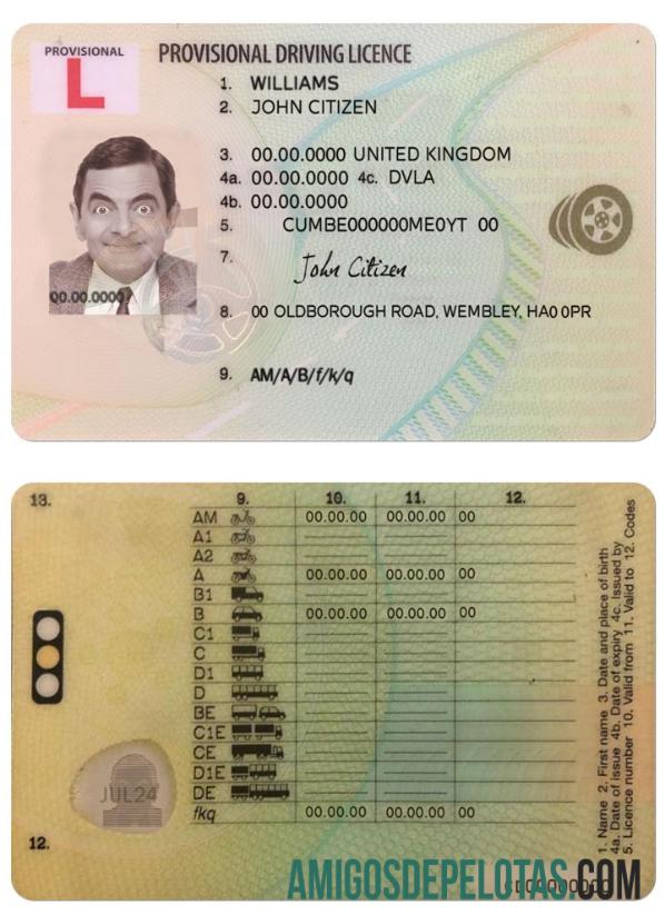 Carta de condução provisória do Reino Unido modelo